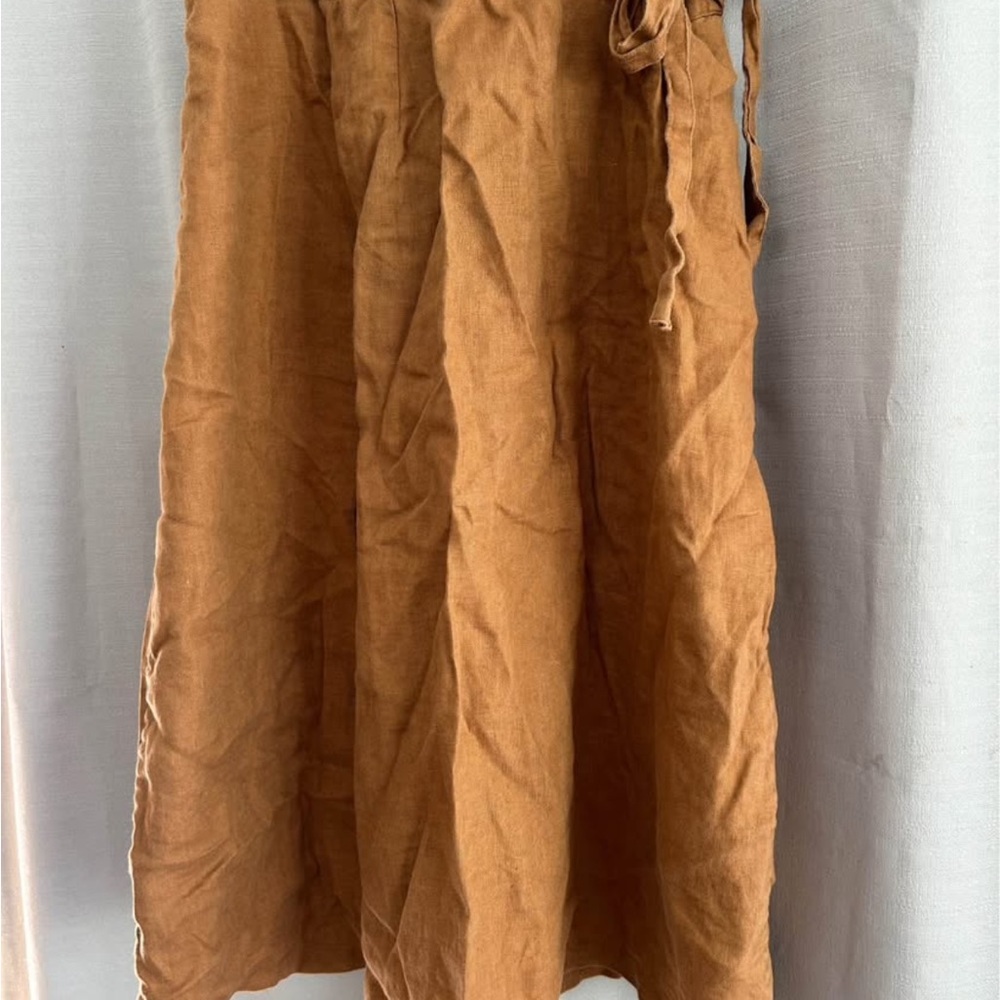 100% linen Women's Tan A-Line Wrap Skirt with Side Tie burnt orange